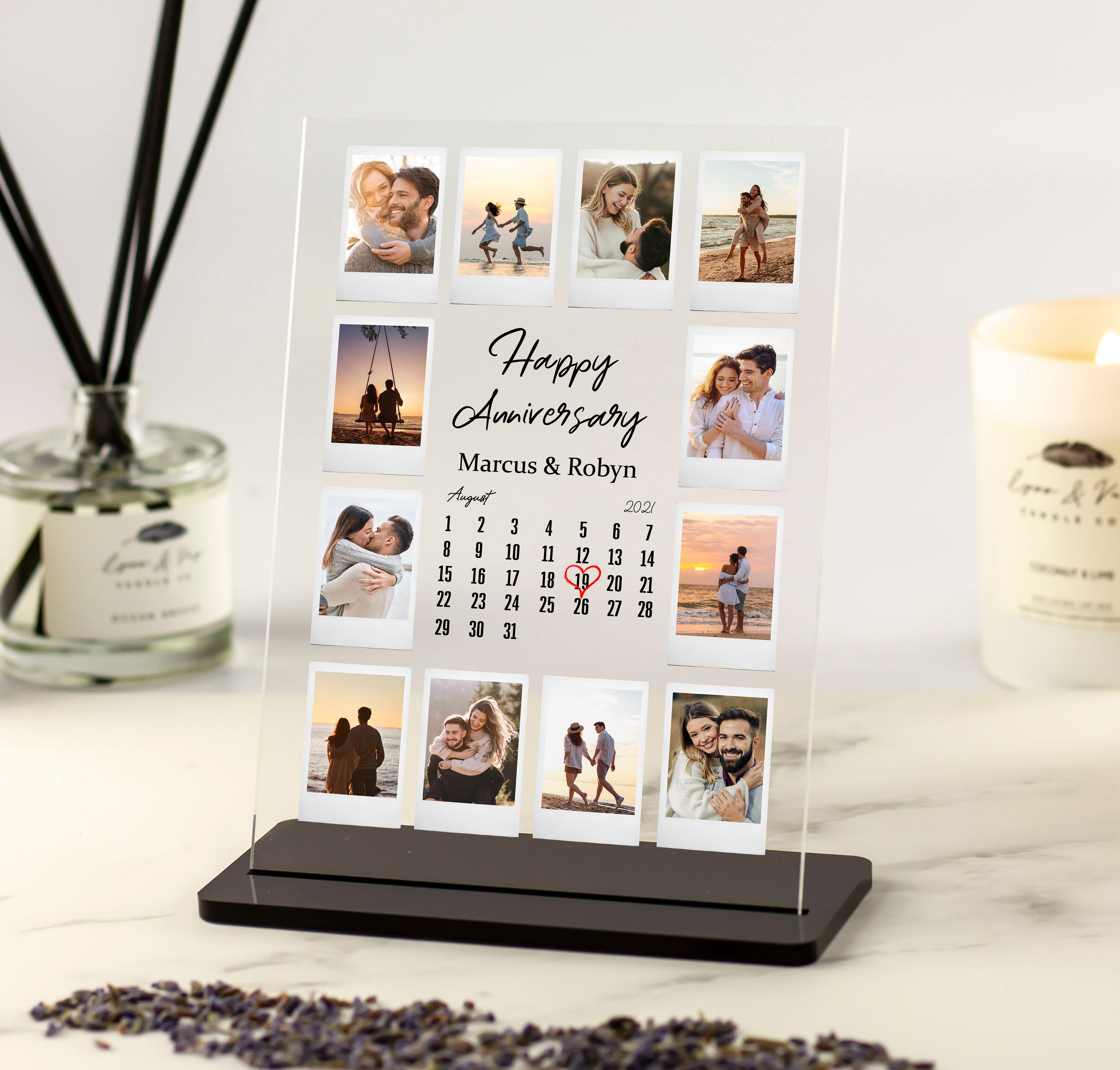 Happy Anniversary Photo Collage Poster Acrylic with Calendar - 12 Polaroid Style Pictures