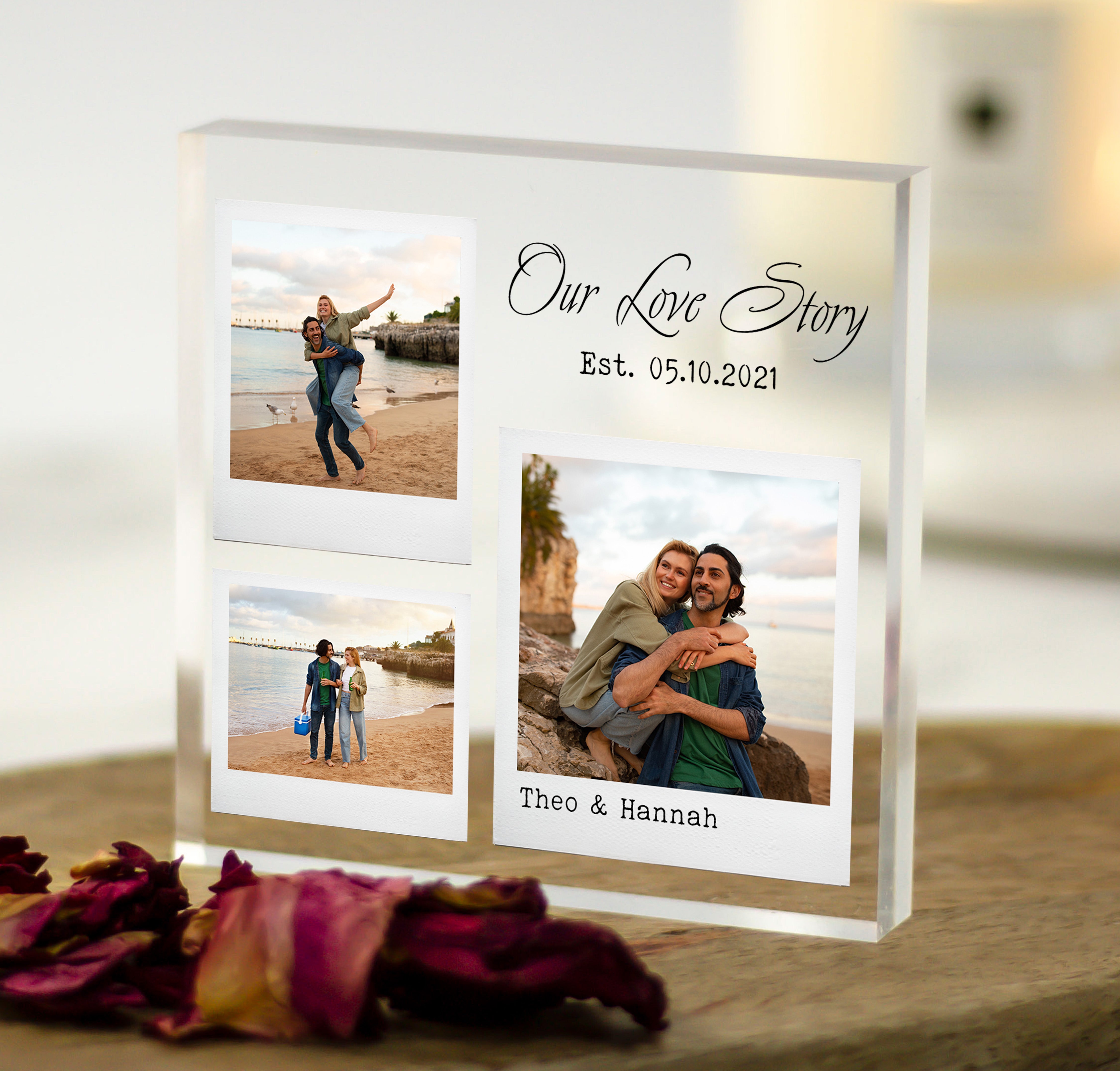 Personalised Gift 3 Polaroid Photo Acrylic Block - Our Love Story