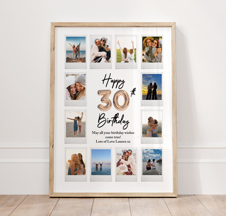 Friendship Happy Birthday Photo Collage Poster Print with Balloons - 12 Polaroid Style Pictures