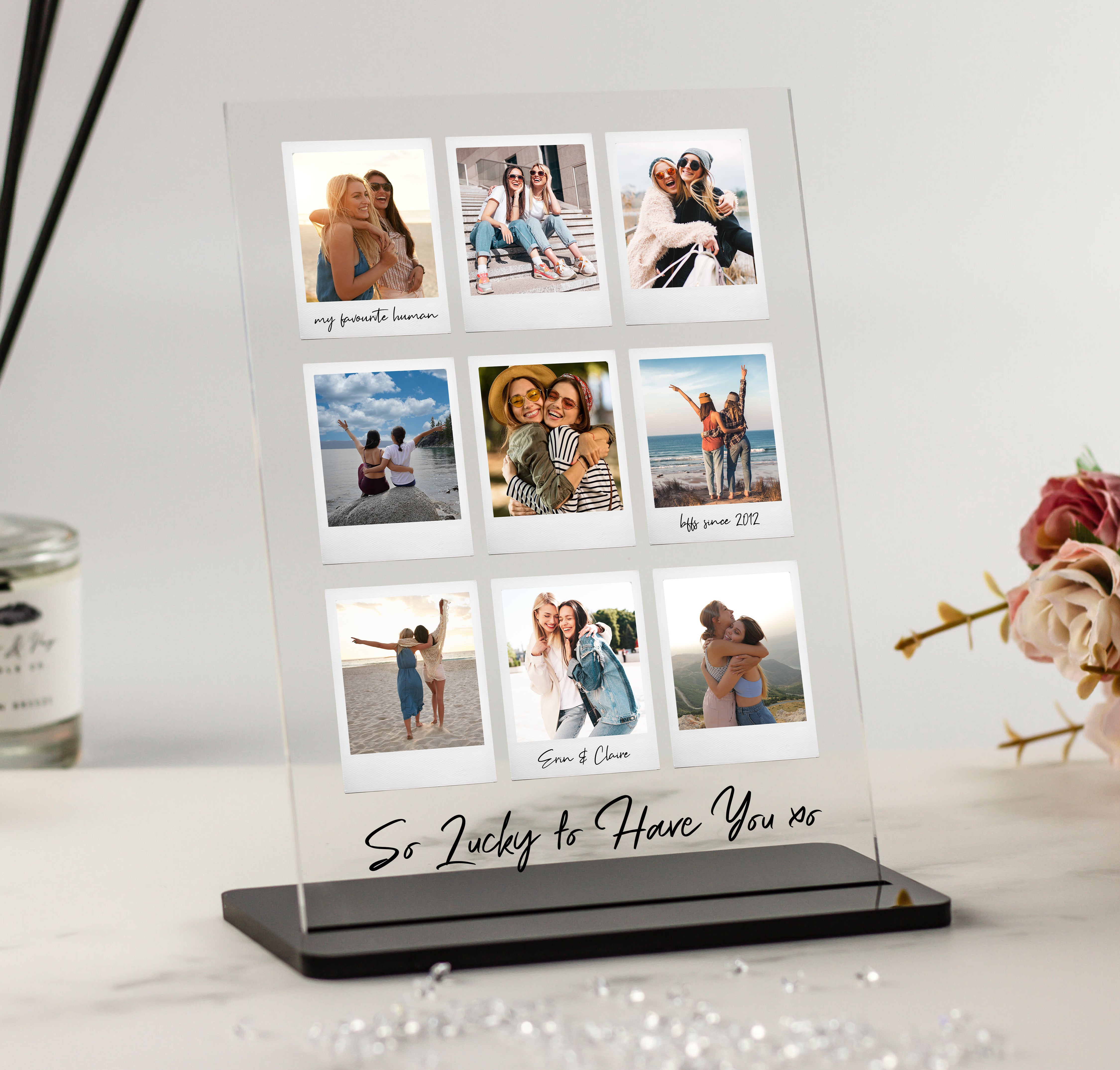 'So Lucky to Have You' Custom Photo Collage Acrylic Plaque Print - 9 Polaroid Style Pictures