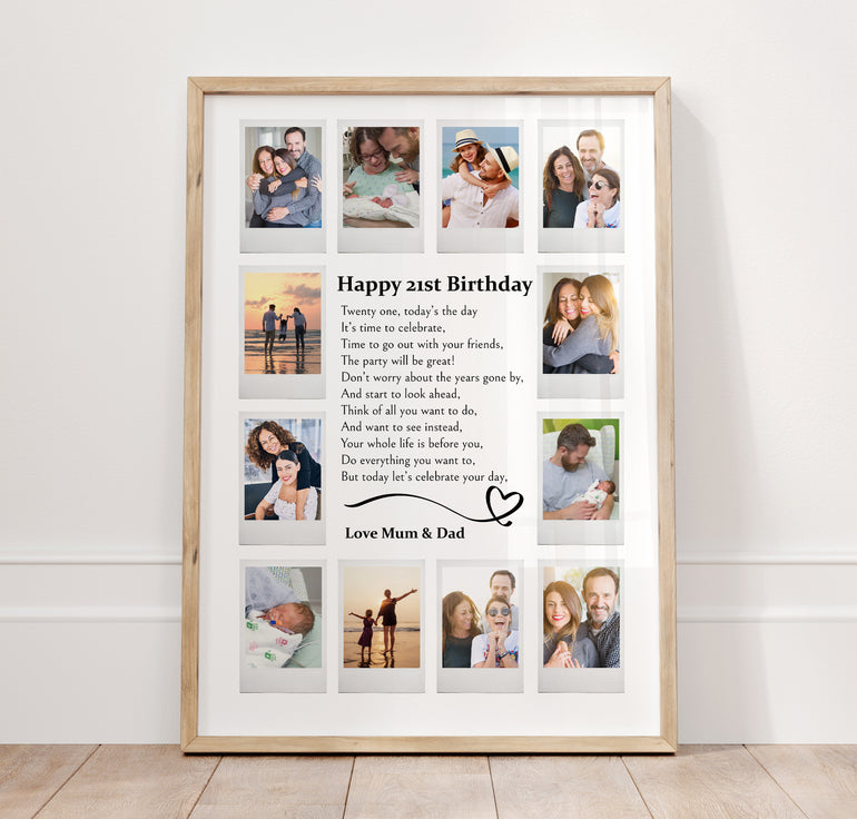 Happy Birthday Photo Collage Poster Print with poem - 12 Polaroid Style Pictures