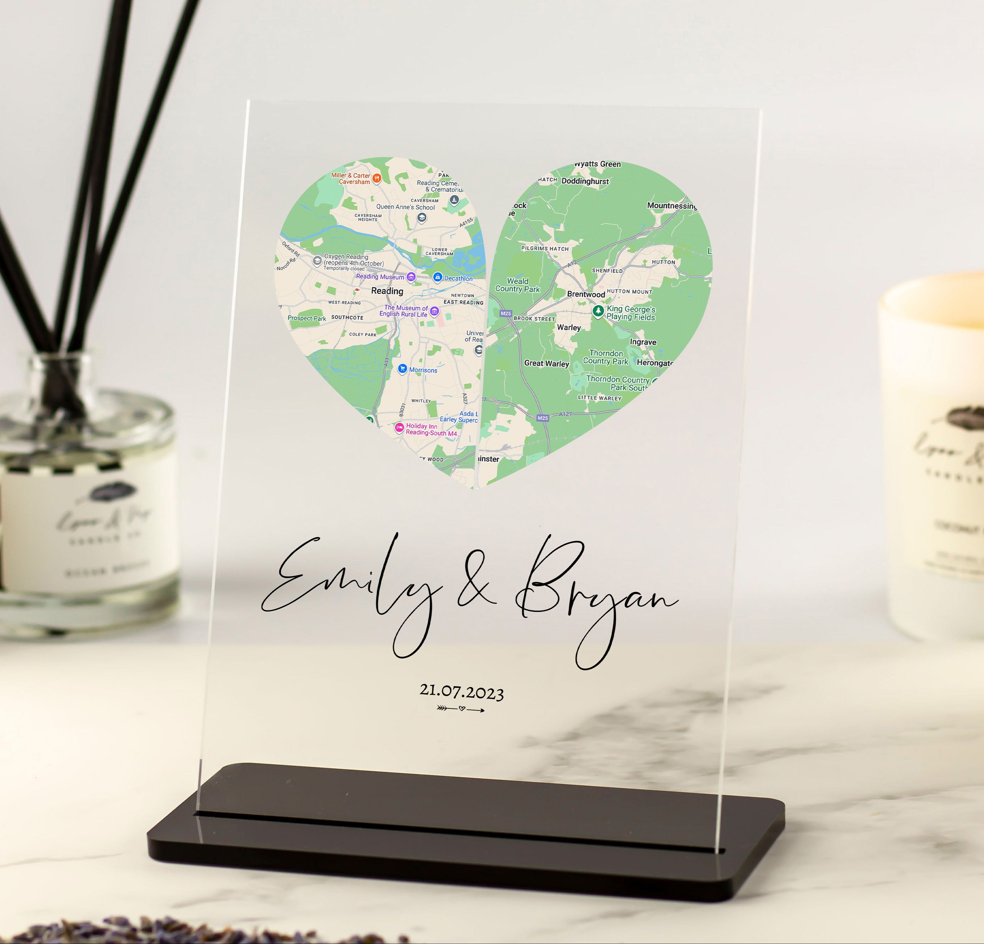 Personalised Heart Map 2 Locations Acrylic Plaque