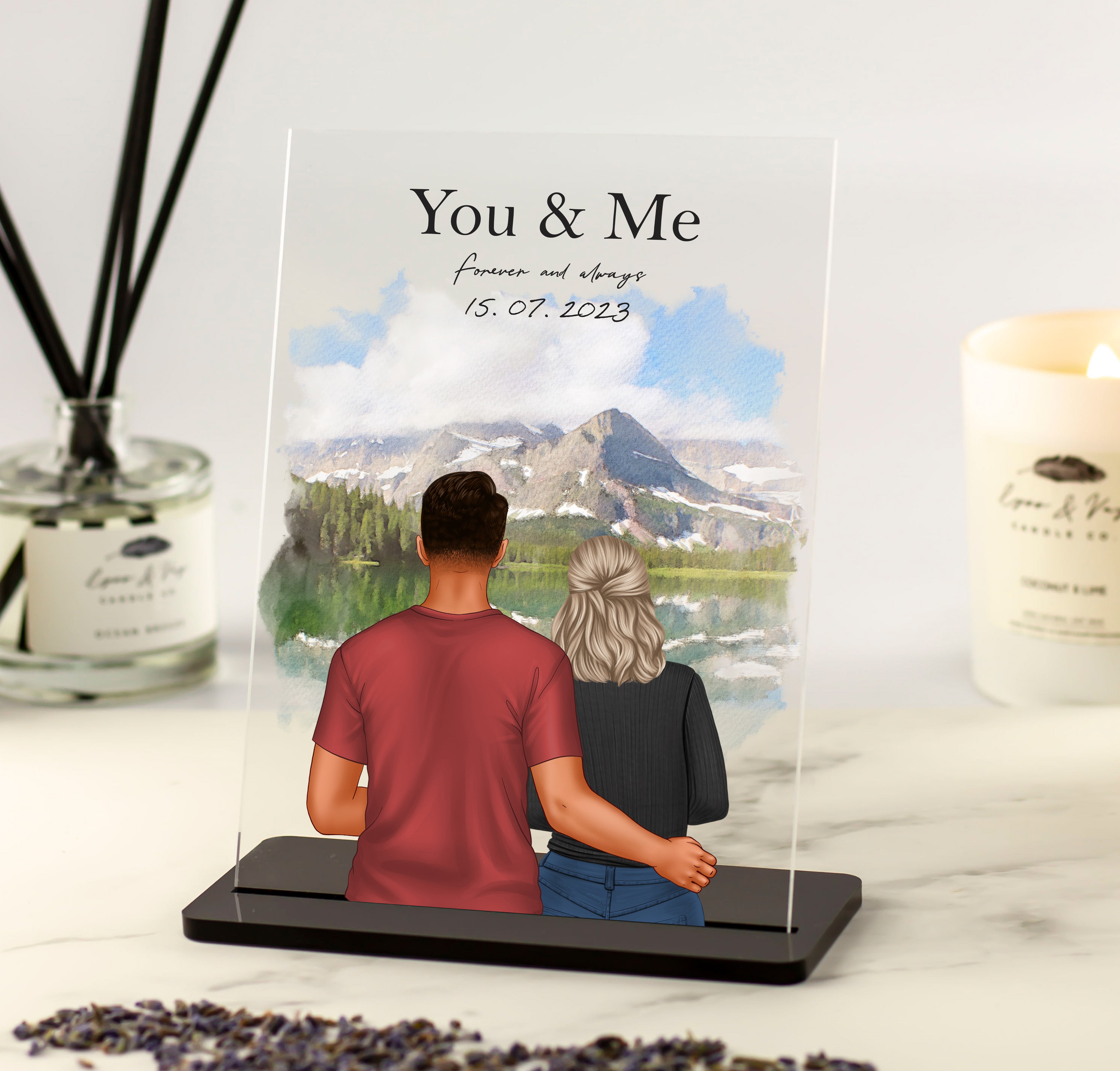 'You & Me - Forever and Always' Couple Customisable Illustration with Scenic Background - Personalised Acrylic Plaque