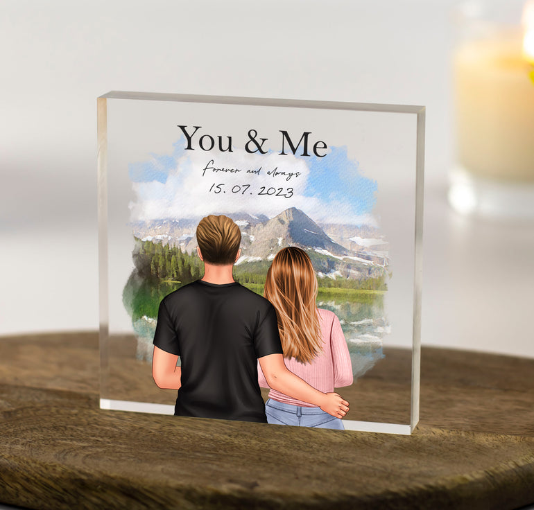 'You & Me - Forever and Always' Couple Customisable Illustration with Scenic Background - Personalised Acrylic Block
