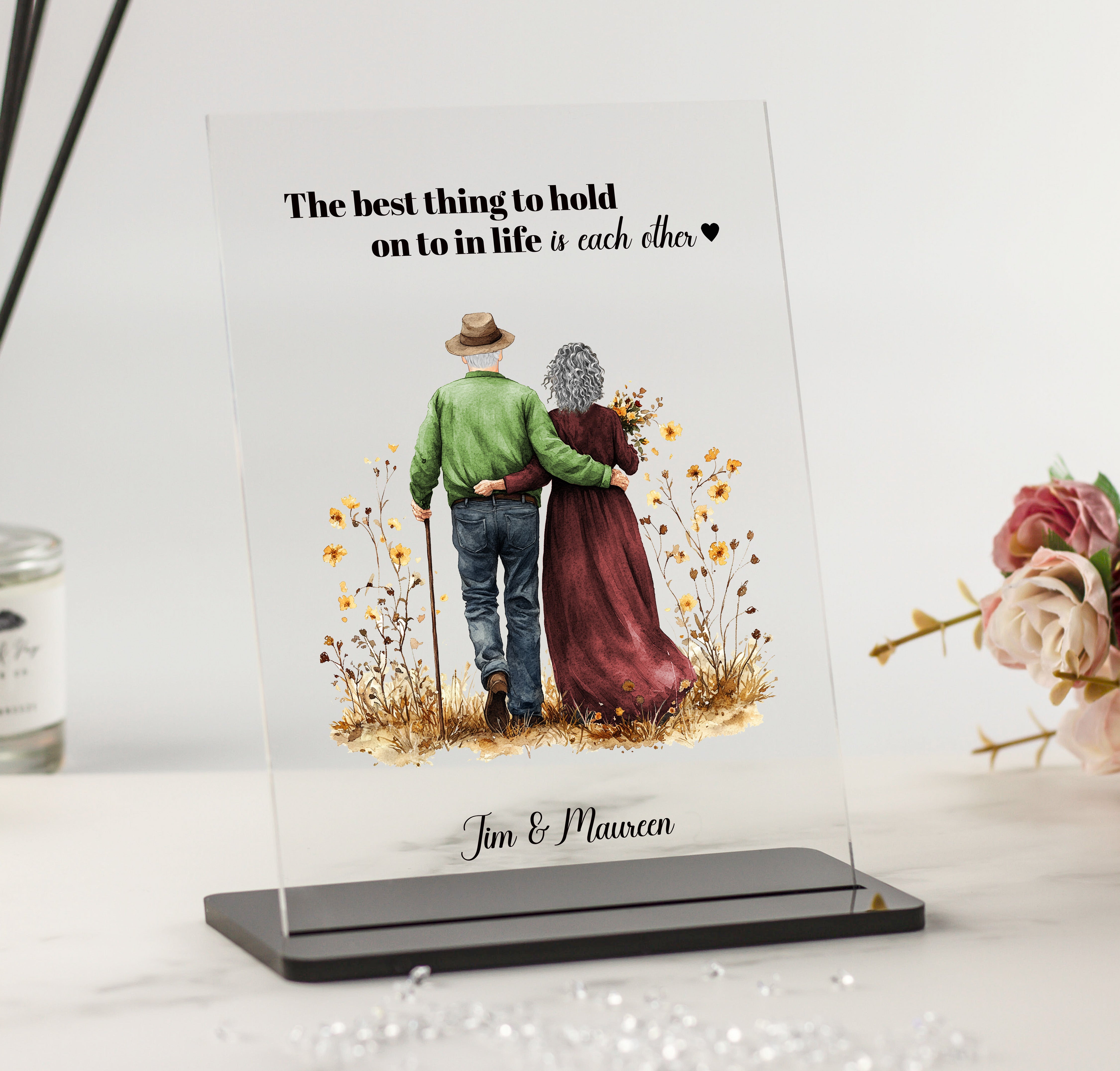 Older Couple Customisable Illustration with Scenic Background - Personalised Acrylic Plaque