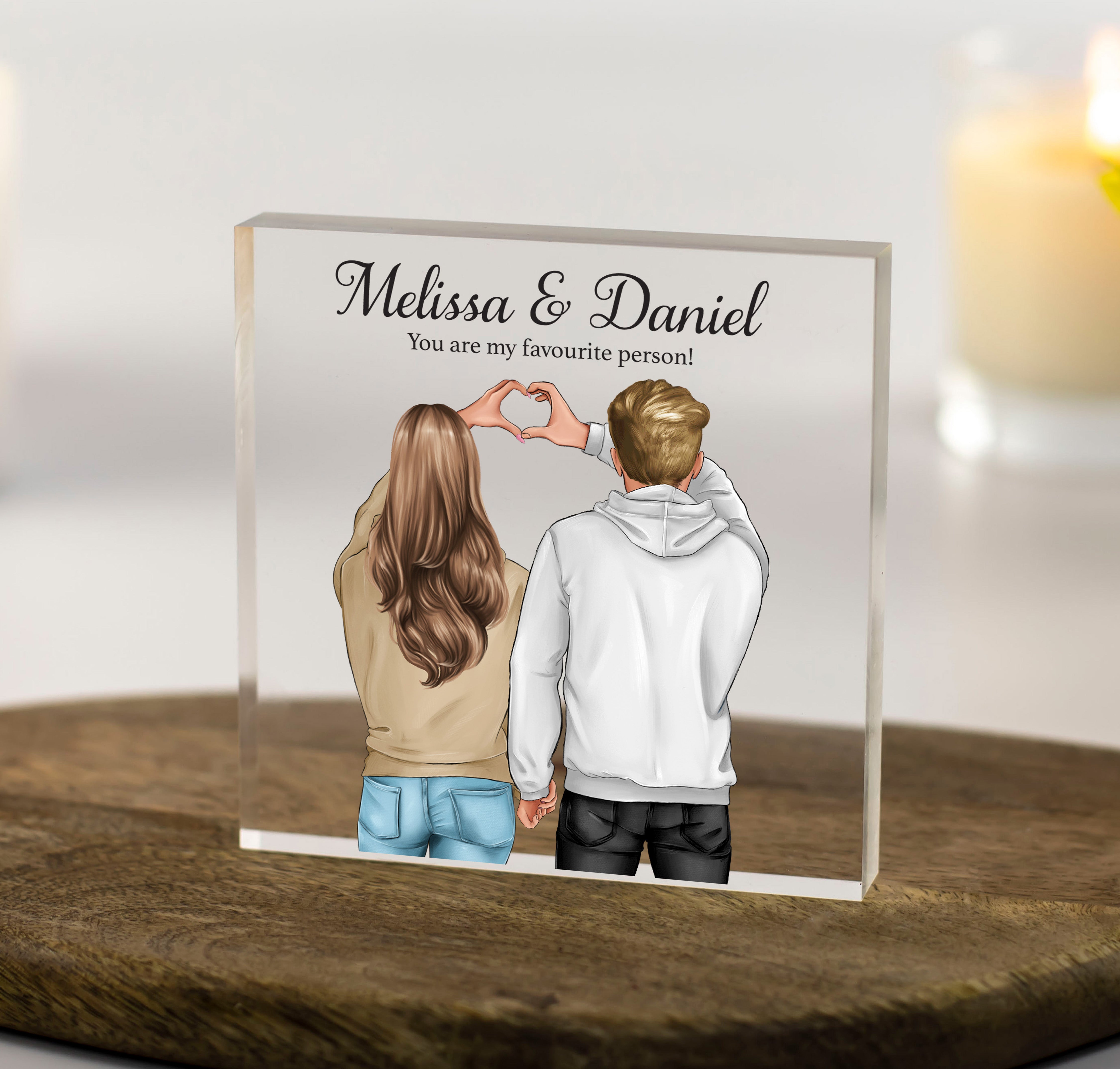 Couple Customisable Illustration Heart Hands - Personalised Acrylic Block