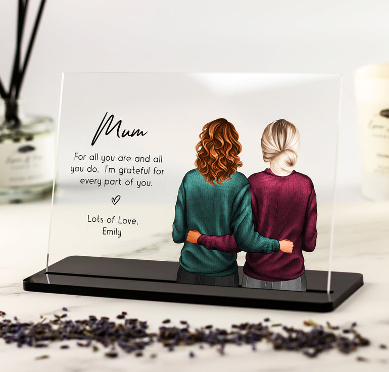 Mother and Daughter Illustration, Pink Flower Design - Personalised Acrylic Plaque
