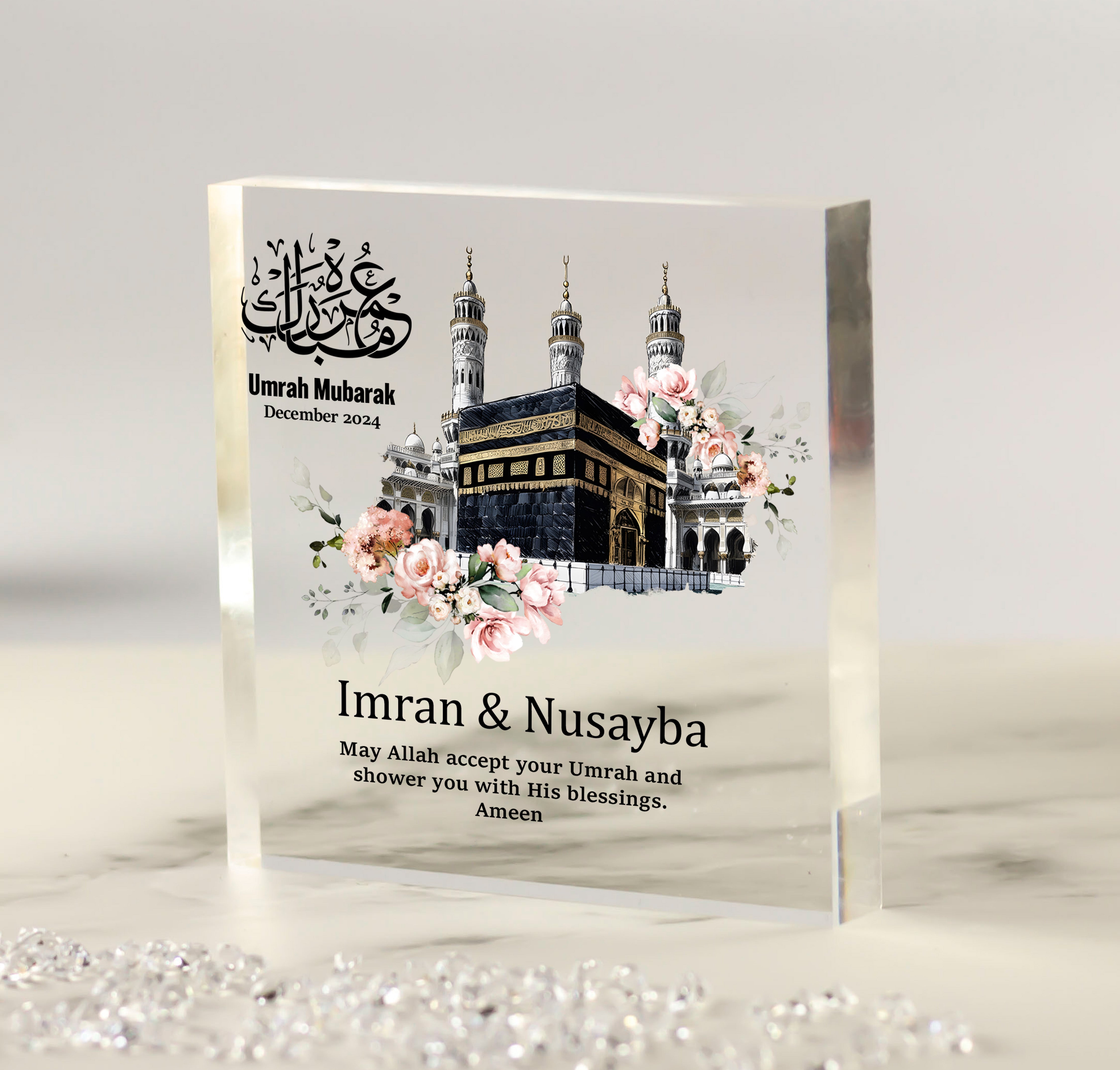 Umrah Mubarak Personalised Gift Pink Flowers Acrylic Block - Custom Names, Year and Quote