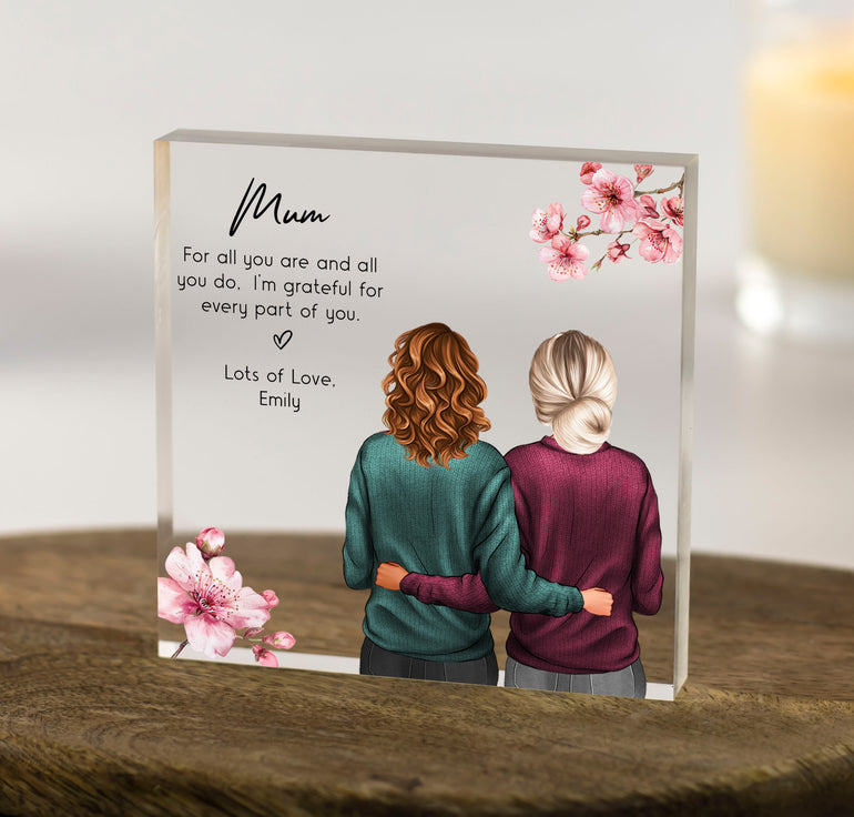 Mother and Daughter Illustration, Pink Flower Design - Personalised Acrylic Block