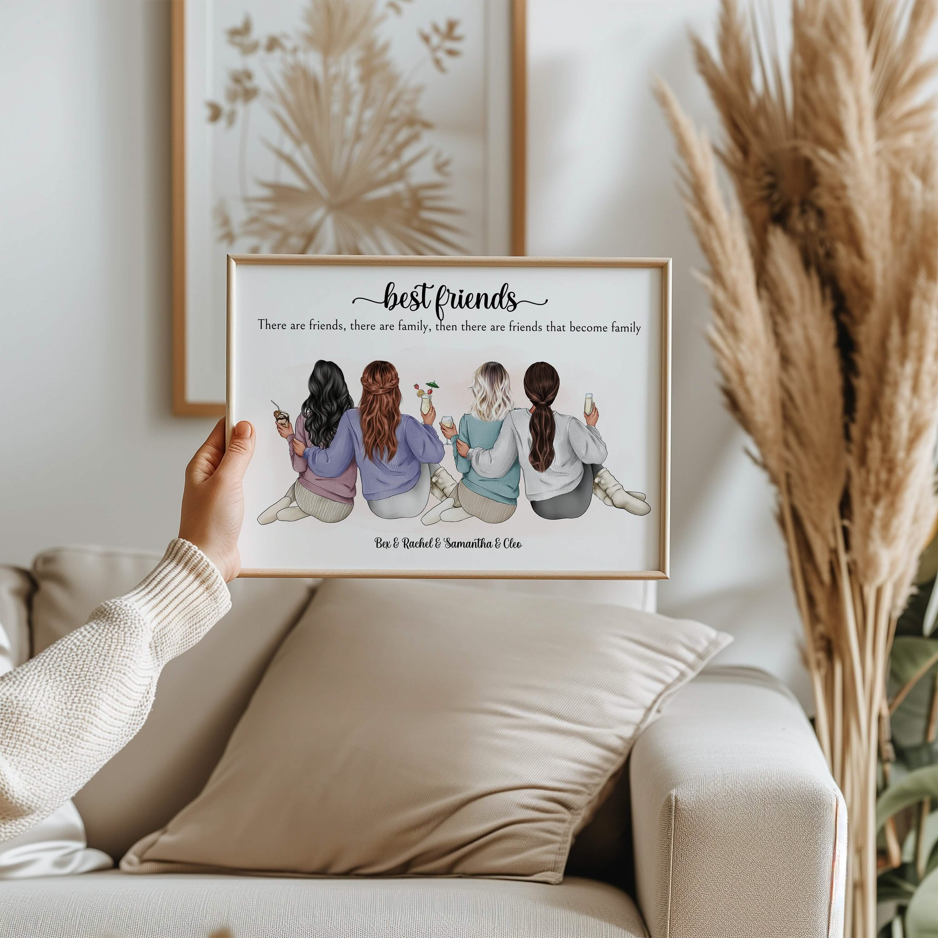 Group friendship print, 4 friends, Best Friend Portrait print, Gift for BFF&#39;s, Personalised Gift for Her, 21st Birthday Gifts Christmas, Thank you,Best friend Bride wedding day graduation