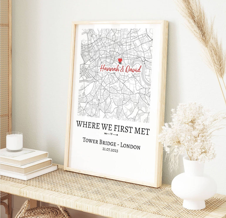 Personalised Anniversary Gift, Where We First Met Personalised Map Print, Gift for Husband Wife Boyfriend Girlfriend, Unique Wedding Gift