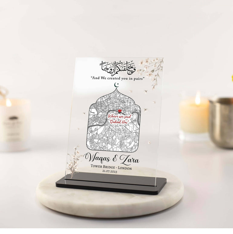 And we created you in pairs muslim couple gift, where we said qubool hai street map acrylic plaque, Islamic gift, Nikkah mubarak, Islam present, unique wedding gift