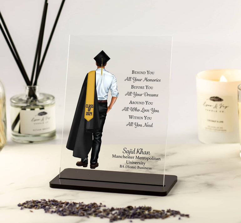 Male Graduation Gift for Him Shirt and Trousers Illustration Acrylic Plaque Keepsake, Gift for Class of 2024, MasteredIt, Masters Doctor, medical, Phd Gift Muslim Islamic