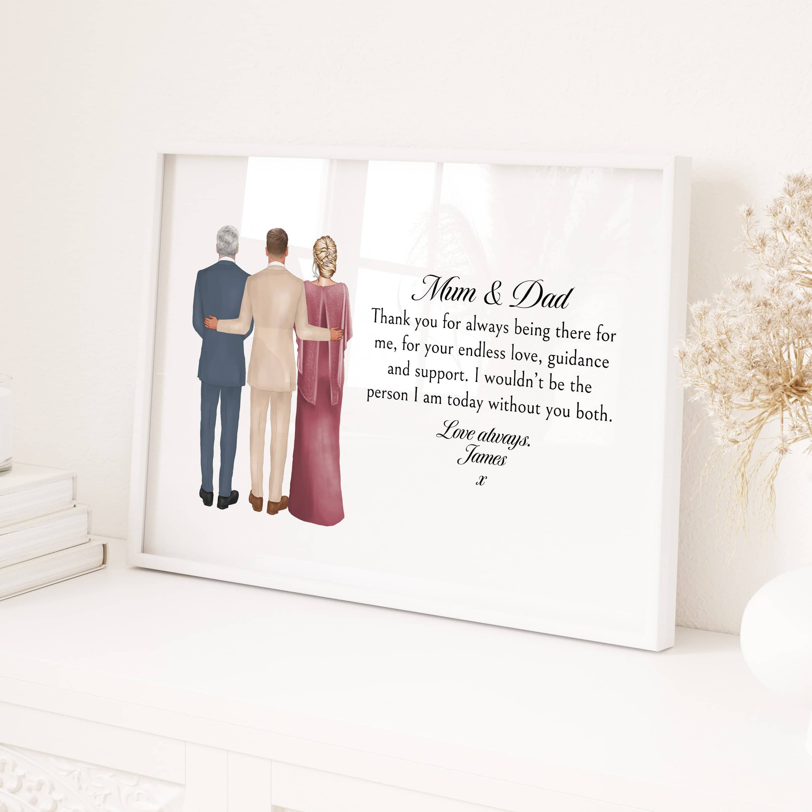 Parents of the groom print, thank you mum and dad gift wedding day, custom portrait family print customise outfir dress hair