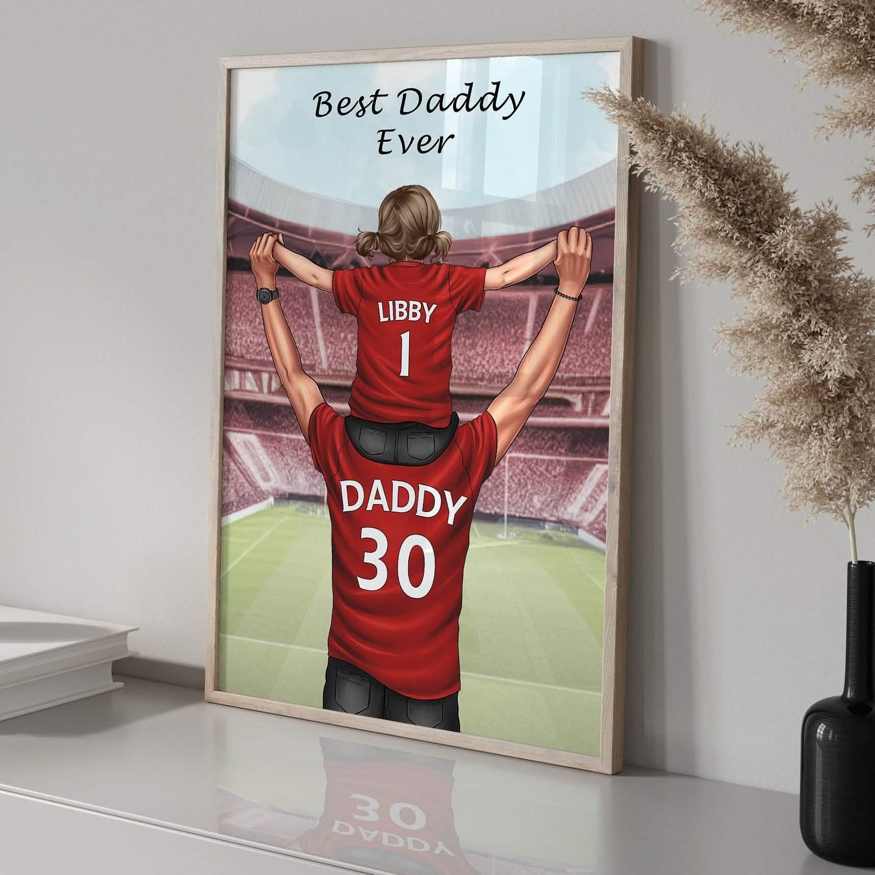 Custom football gift for daddy from daughter son, personalised print, child on shoulders print wall art fathers day christmas birthday gifts sentimental thoughtful frame