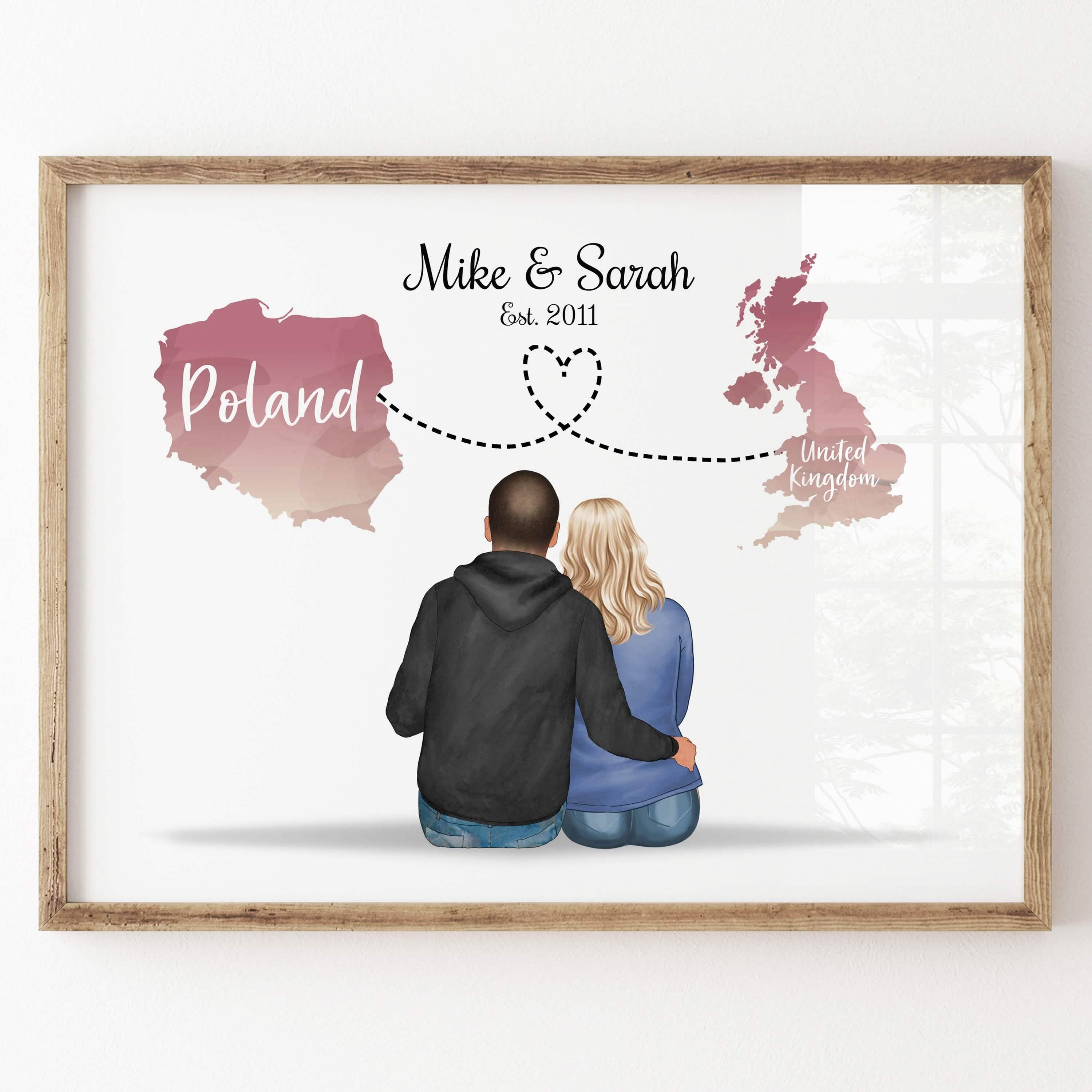 Personalised Country maps couple print, long distance relationship, girlfriend boyfriend gifts, Any country, Wedding, different nationality engagement housewarming gifts christmas gifts personalised print