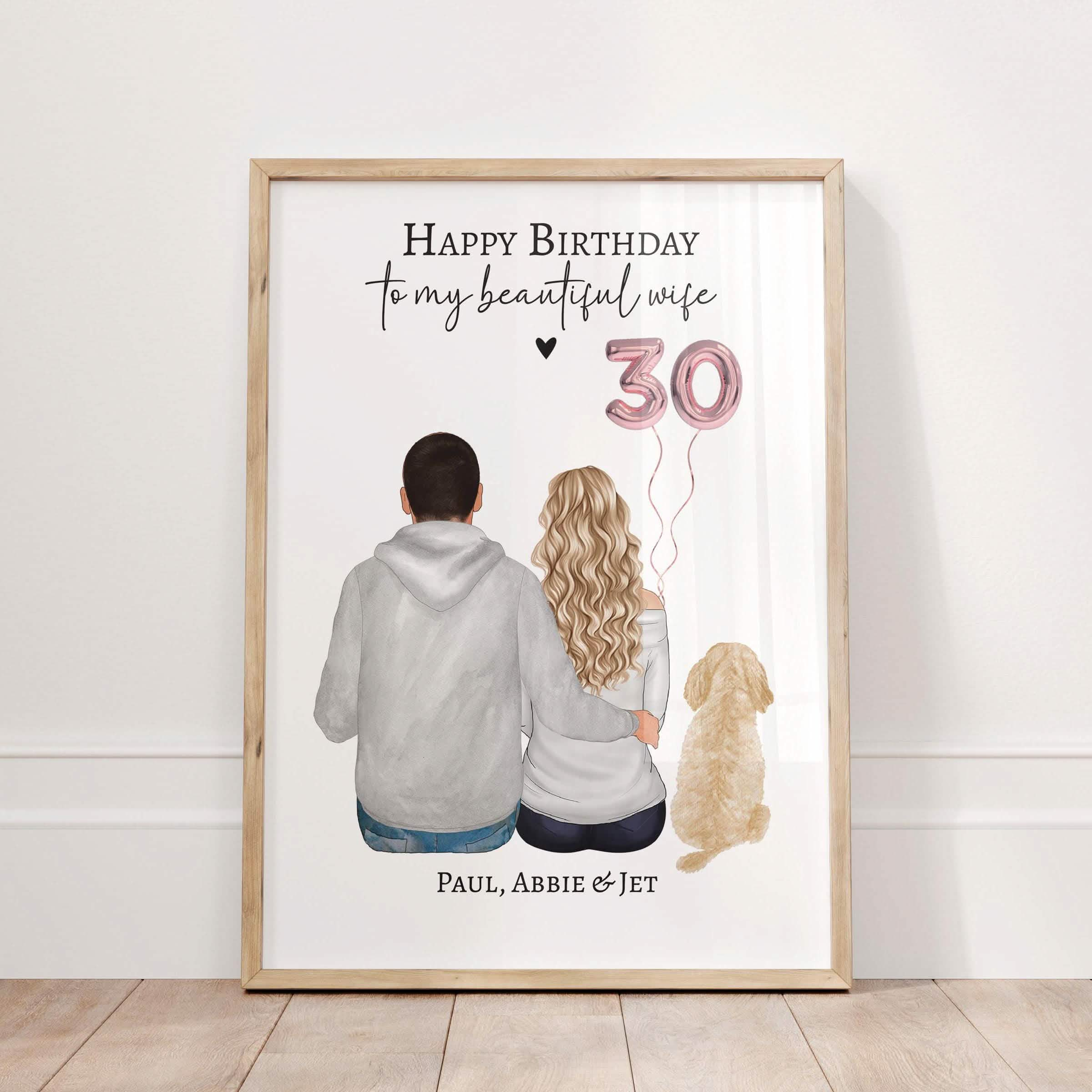 Personalised Birthday Gift for wife, 30th birthday, 40th, 50th, 60th,with dog portrait, gift from husband, unique keepsake birthday card gift