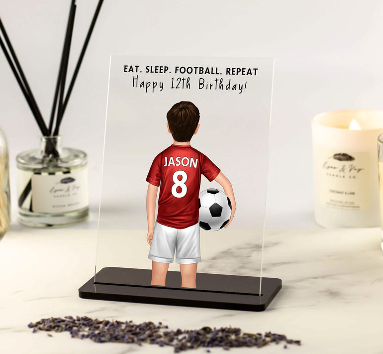 Personalised Football Gift for boys, Birthday present for son, grandson, nephew, favourite football team manchester liverpool city clubs portrait print custom acrylic plaque