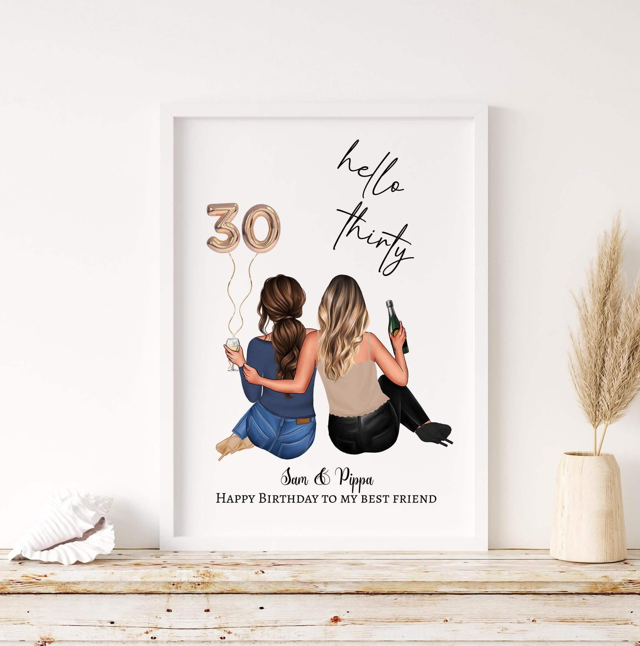 personalised 30th birthday best friend portrait print, custom artwork, 2 friends drawing backview picture