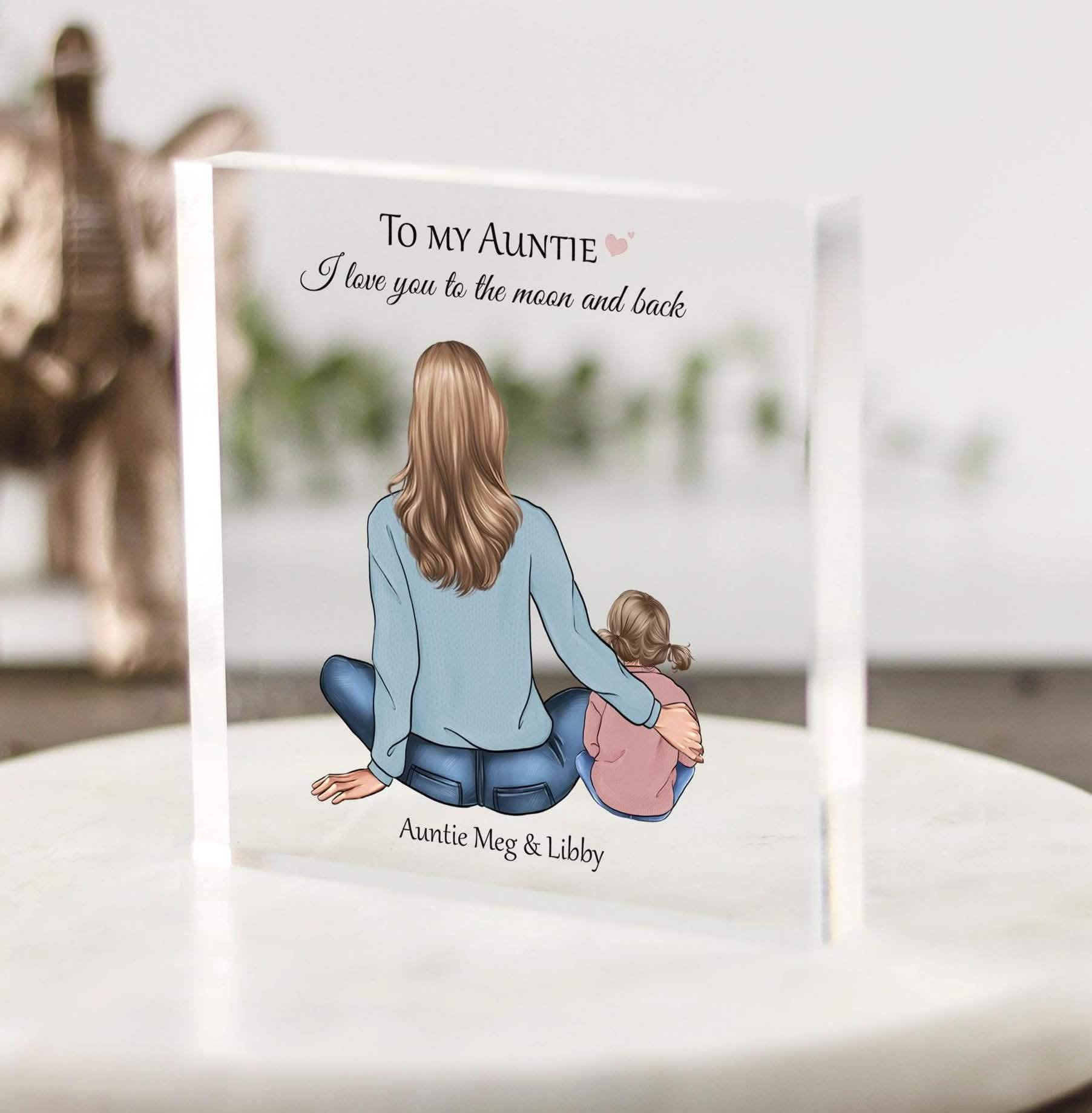 Personalised Gift for Auuntie,Aunt, Aunty, Christmas Gifts birthday, acrylic block, drawing of aunt and niece nephew