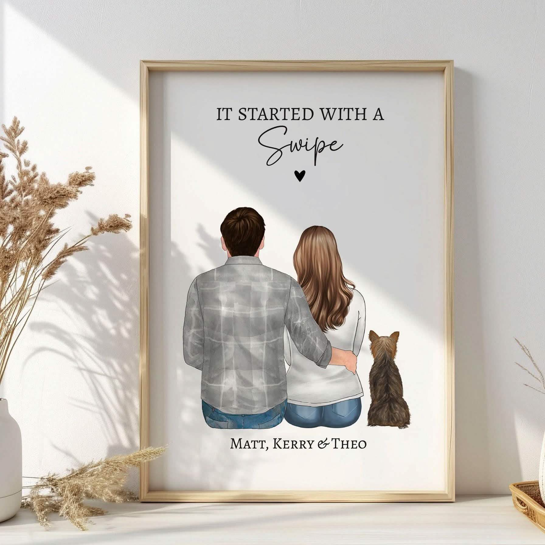 It started with a swipe, thanks for swiping right personalised gift for boyfriend, girlfriend, wife husband, anniversary gift, christmas present, new home, housewarming dog print