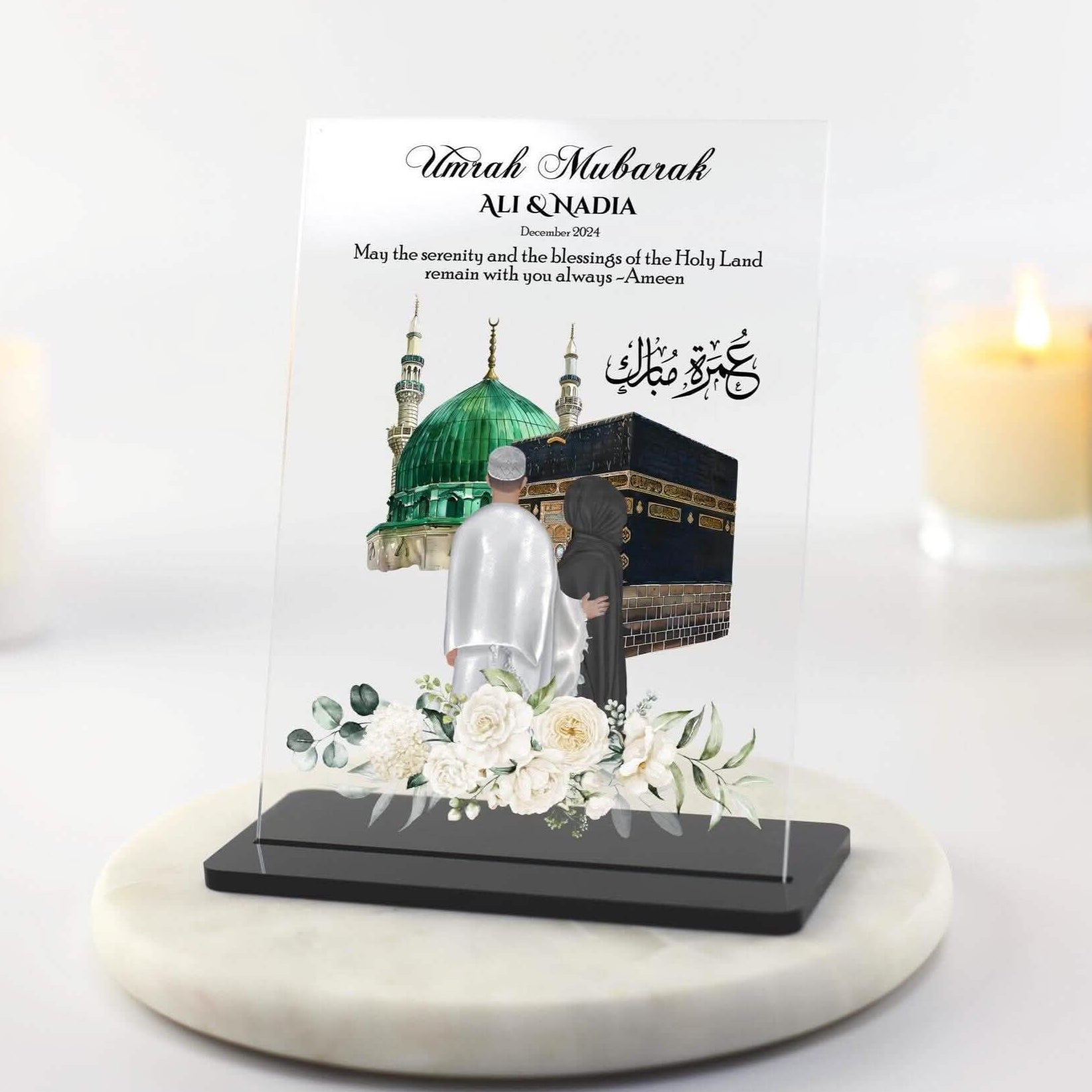 Umrah gifts for couple,husband wife, first umrah as newly weds, islam hajj present, hamper slate man and women character drawing in front of kaaba