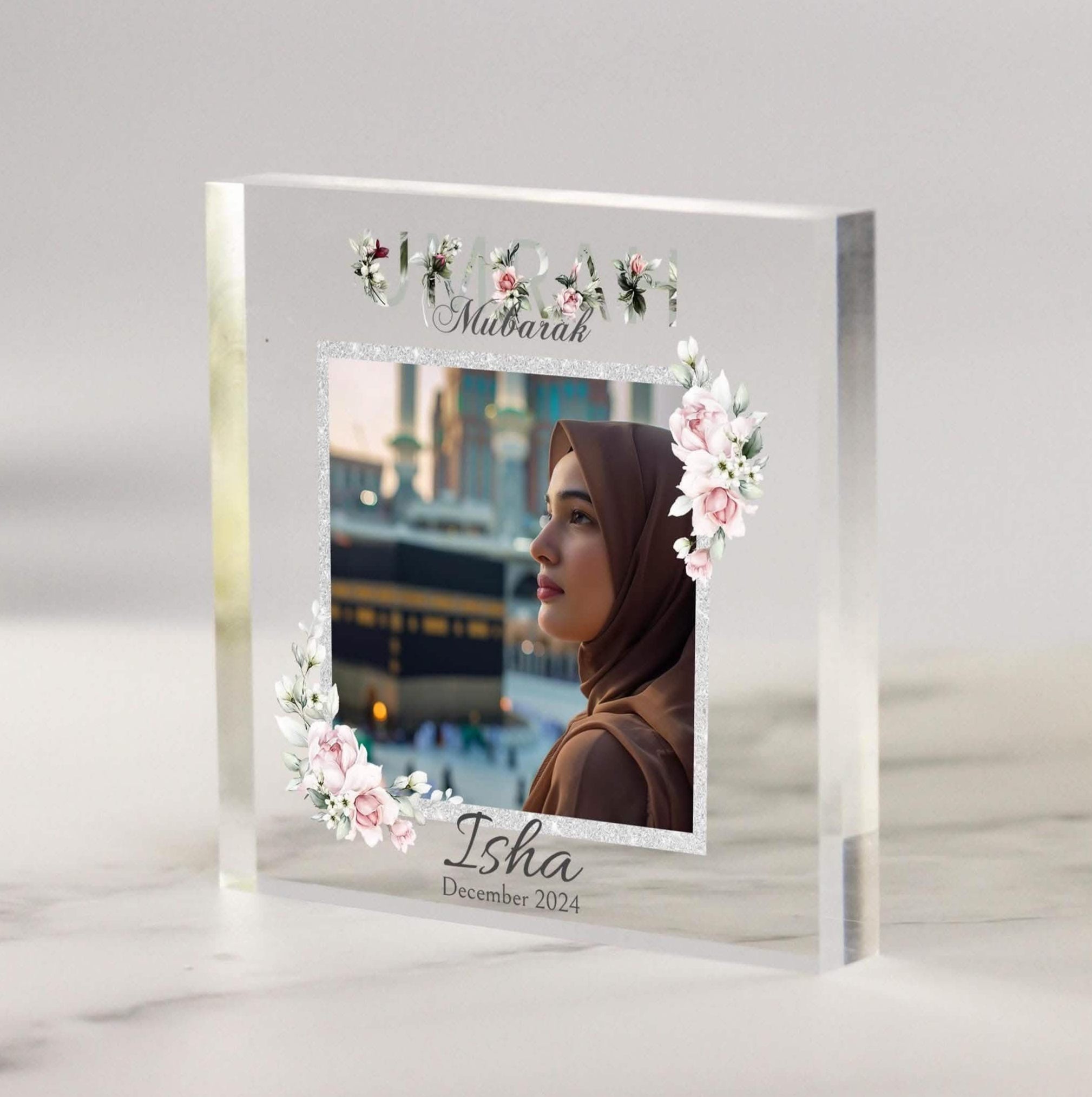 Umrah Gifts for her, bestfriend, sister floral flower acrylic plaque photo keepsake, cheap gifts, hamper present, hajj decorations, islamic, hijabi girl, custom frame