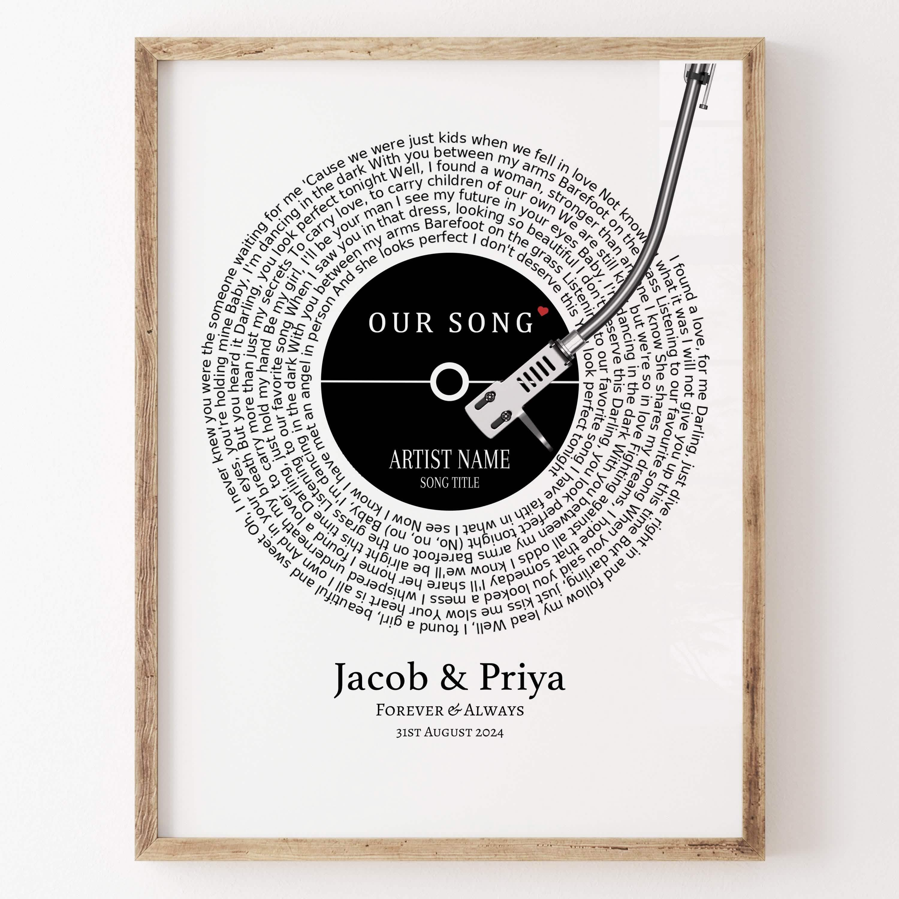 Personalised Vinyl Lyrics Print, Song Lyrics Custom Music Gift, Christmas Gifts for Couple, Anniversary Present, Wedding Song, Our Song