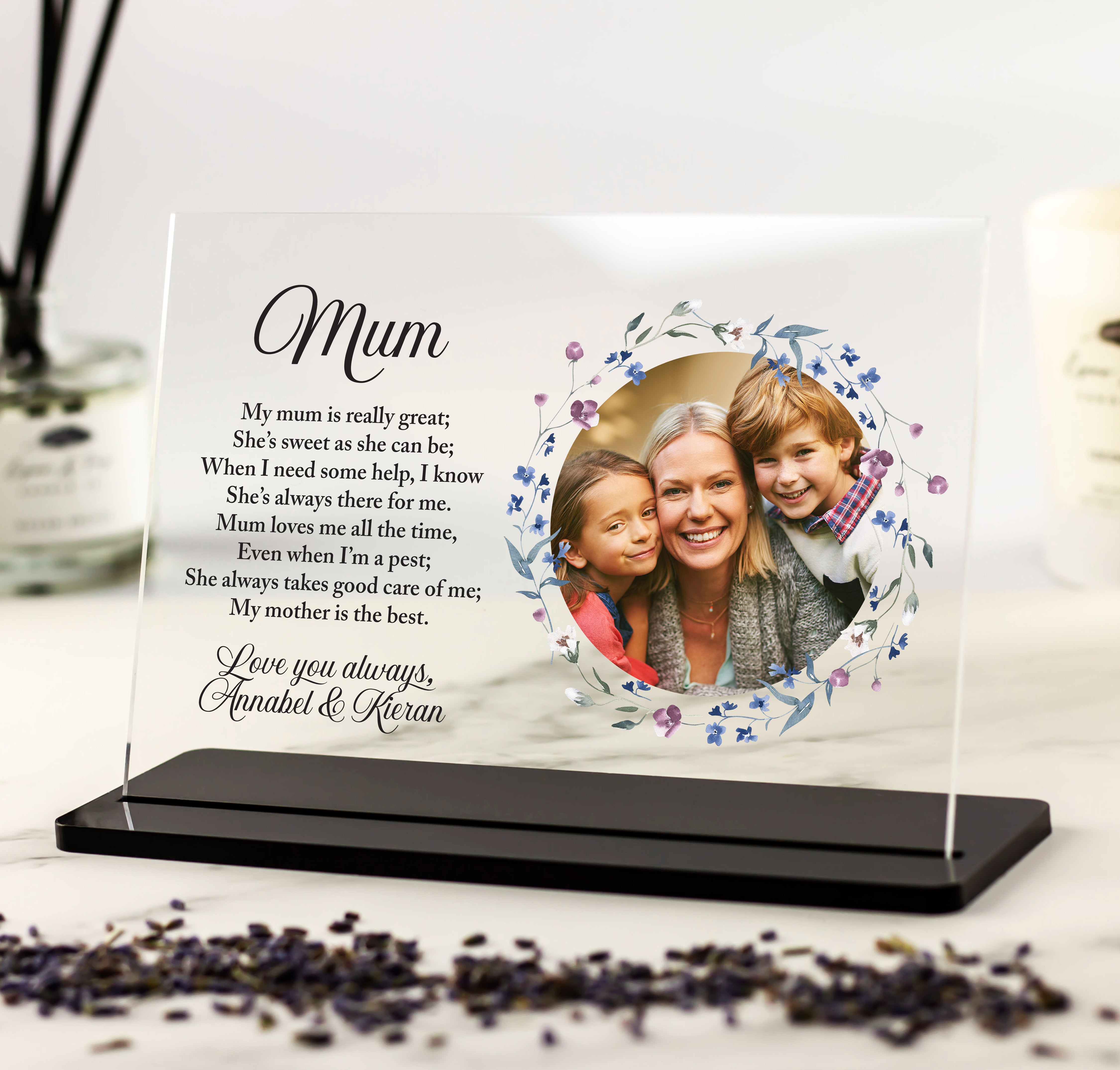 Mum Photo Print with Floral Design and Poem - Acrylic Photo Plaque