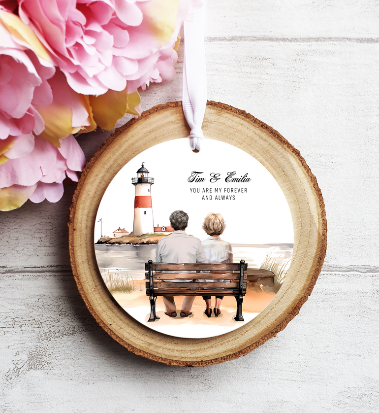 Personalised Elderly Couple Portrait Hanging Ornament with Sea Scenery