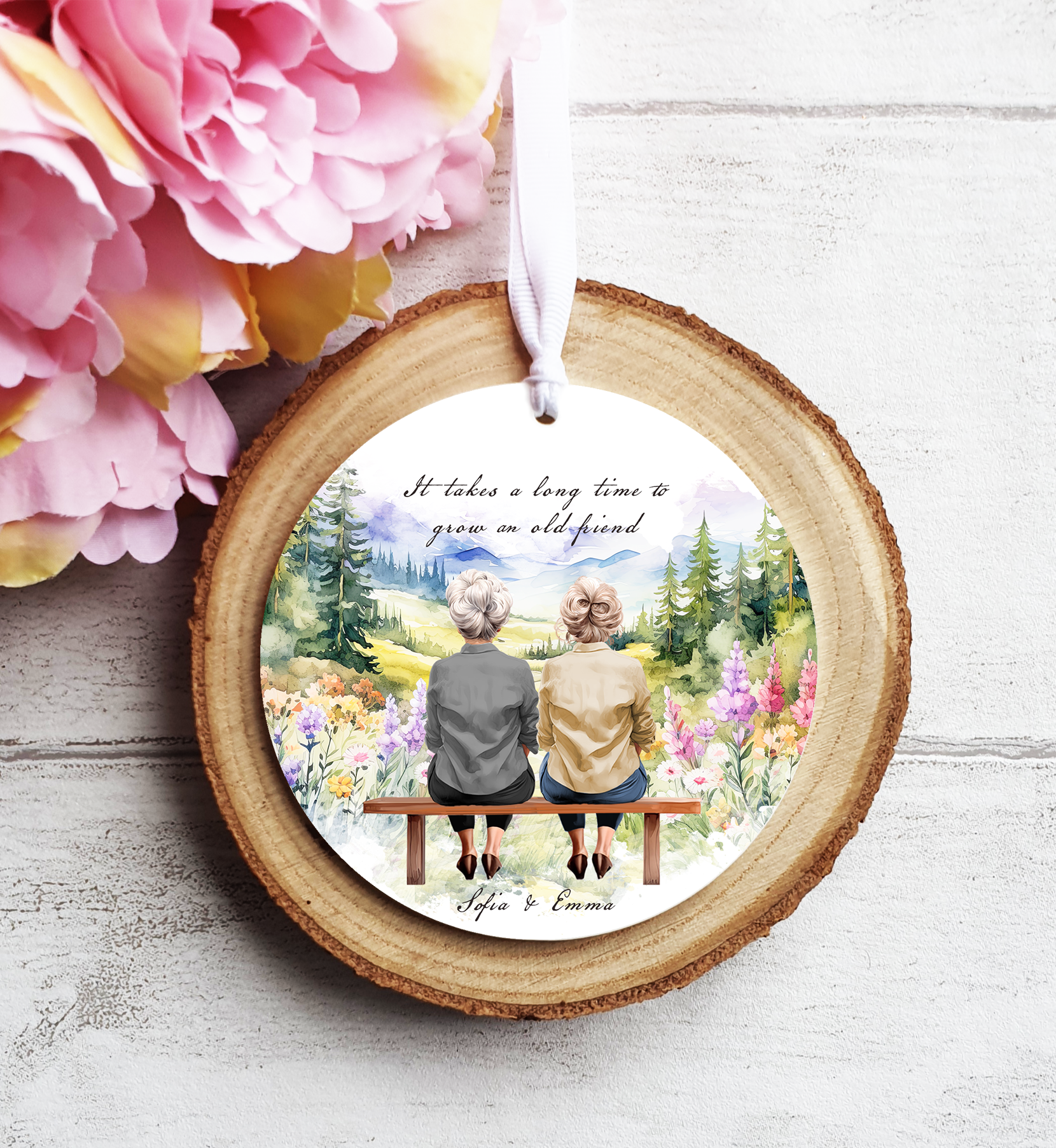 Personalised Friendship Custom Portrait Hanging Ornament with Floral Greenery