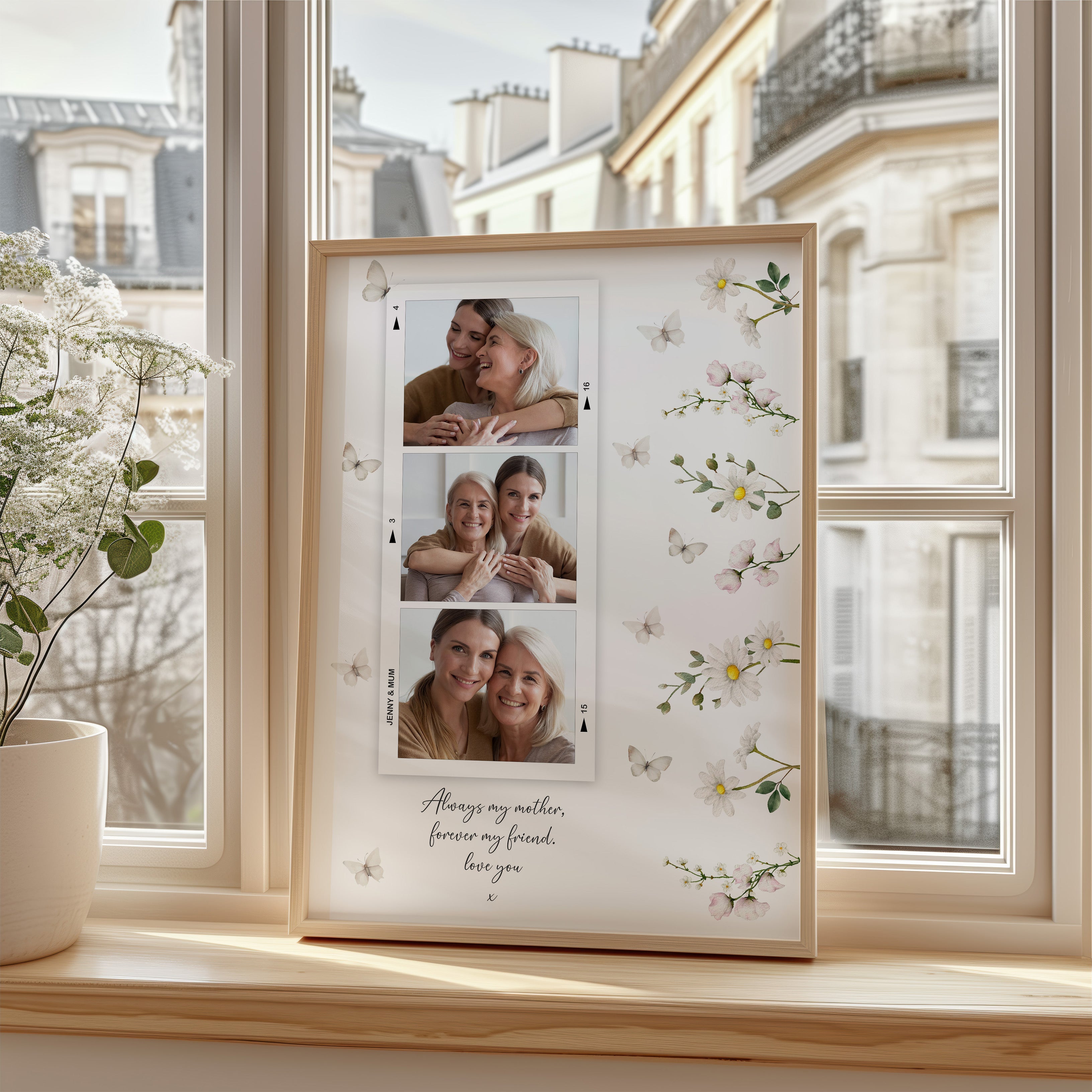 Personalised Photo Wall Art for Mum, polaroid style strip with 3 photos, collage print, Nanny gifts, bridesmaid proposal presents, custom names and wording with floral border, Custom Mother's Day print, photo frame