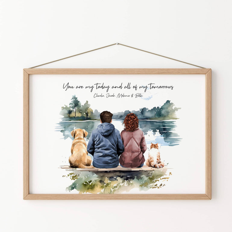 Gift for Husband for Valentines, Gift for Wife, Dog lover gift, personalised family art,Anniversary gifts for her,1st home gifts for couple, 1st valentines together,Dogs, cats and owner drawing